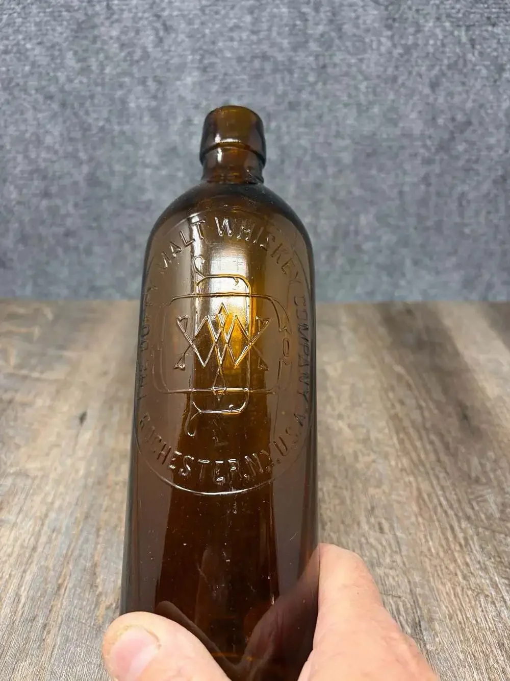Duffy Malt Whiskey Bottle Amber Embossed Rochester NY 1/5 Gallon Antique